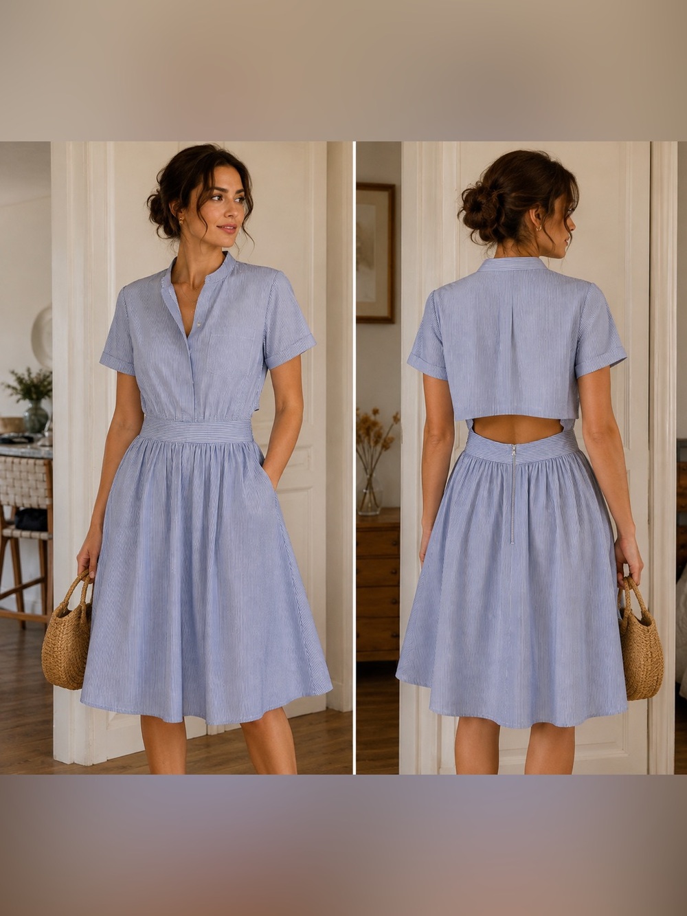 Avec Les Filles Blue & White Pinstripe Midi Shirt Dress Open Back